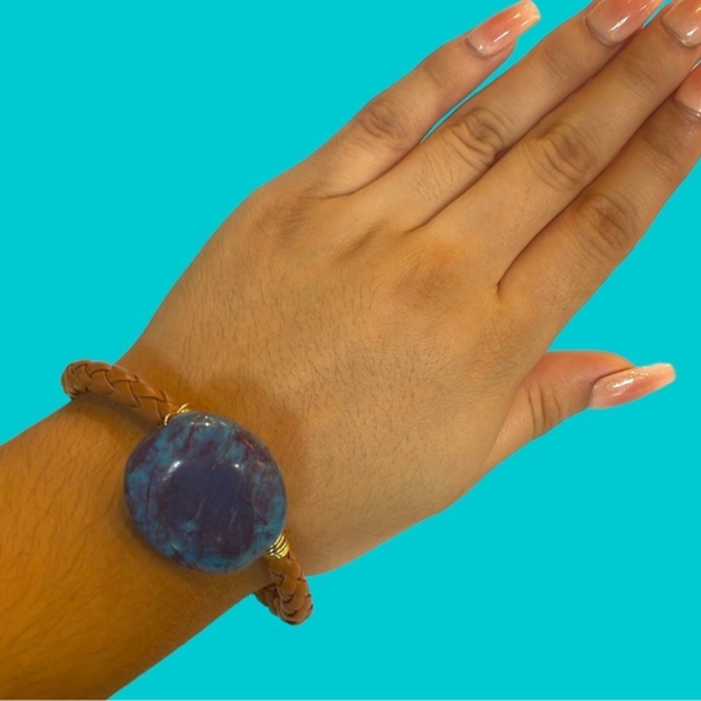 BROWN LEATHER WOVEN MAGNETIC‎ BRACELET WITH 1.5 inch BLUE STONE HANDWIRED